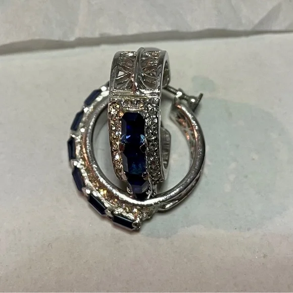 Silver-Toned Faux Blue Sapphire and Zirconia Hoop Earrings –Crystal Huggie Hoops - Picture 12 of 15